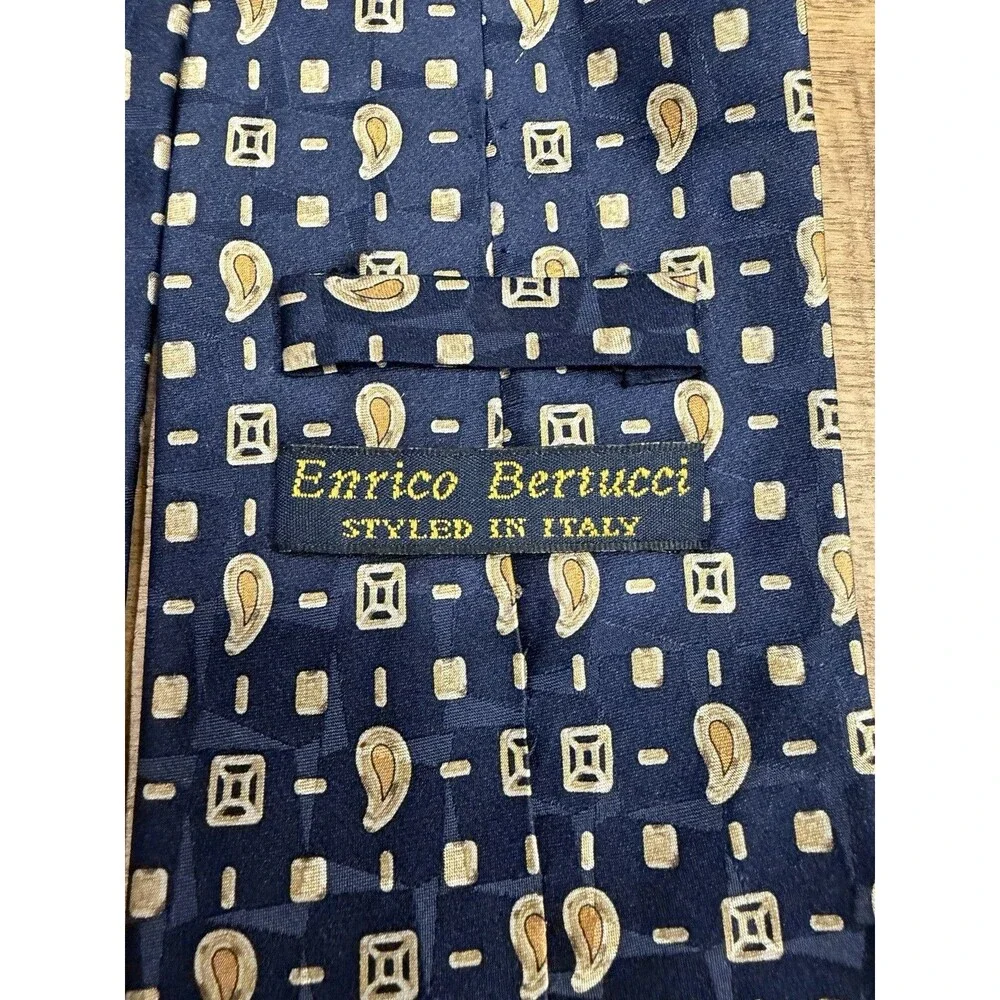 Enrico Guccini Tie Handmade in Italy Blue‎ Men’s Vintage Silk Geometric Pattern